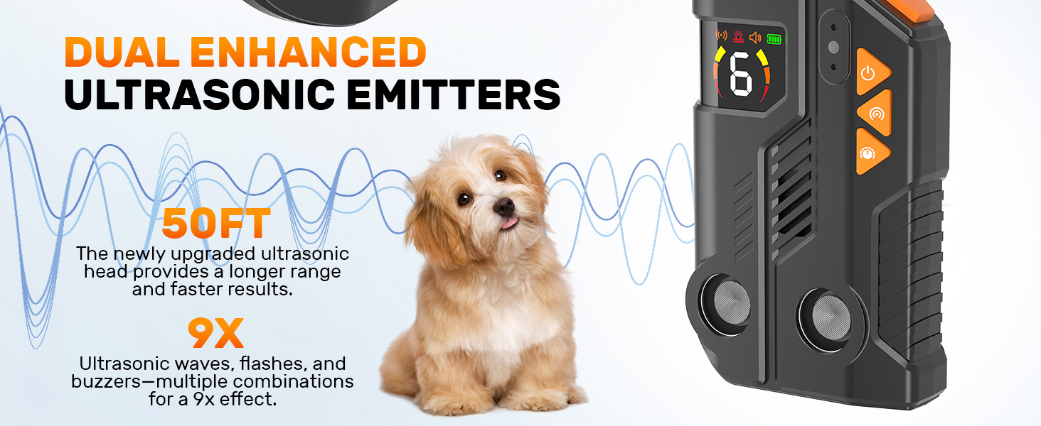 Dual Enhanced Ultrasonic Emitters Dog Bark Deterrent Device, Larger. Stronger. Wider Coverage.