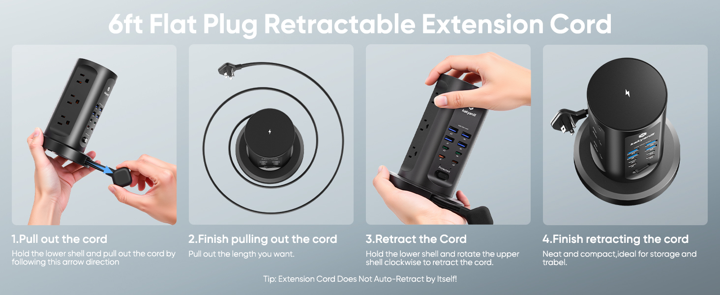 6ft Flat Plug Retractable Extension Cord