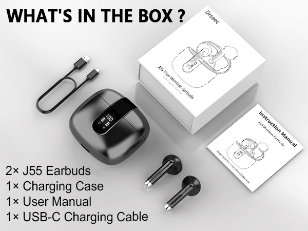 Text shows '2x J55 Earbuds, 1x Charging Case, 1x User Manual, 1x USB-C Charging Cable'. Technical product layout showing electronic device components.