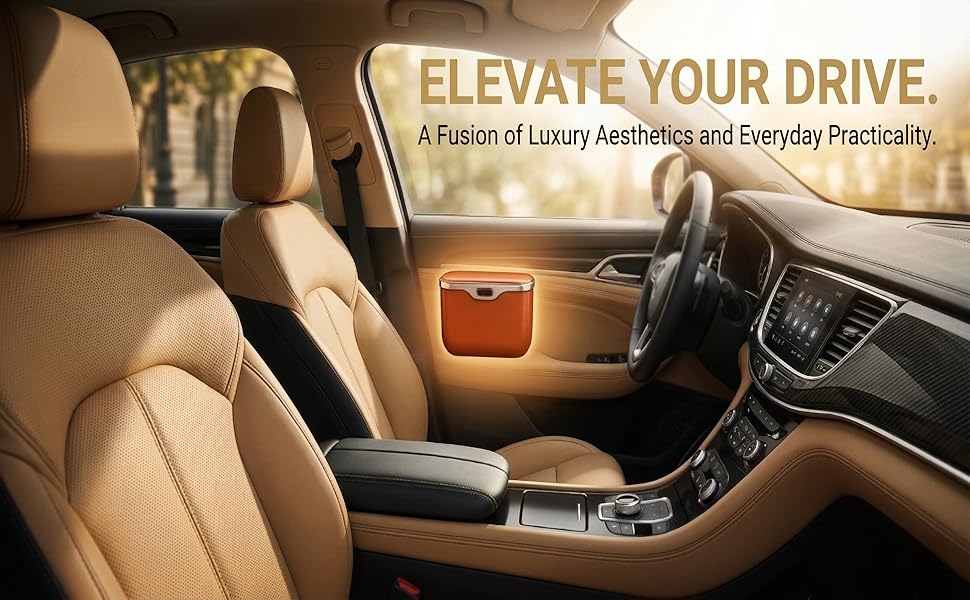 Luxury car trash can with lid for front seat and back seat organization.