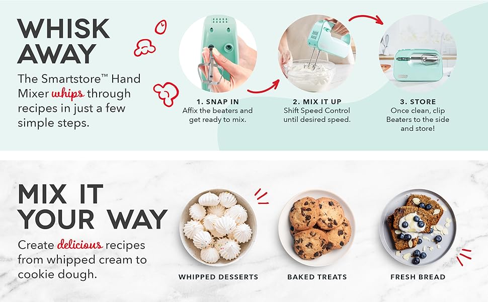 Mixer, Dessert, Baking, SmartStore, Compact, Hand Mixer, Dash