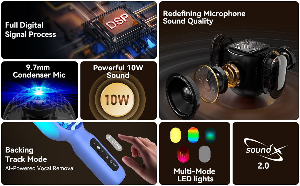 karaoke microphone with condenser mic and powerful 10W peak sound