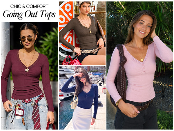 Women&amp;#39;s Lace Trim V Neck Cute Tops