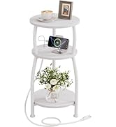 Yuede Small Round Side Table with Charging Station, 3-Tier Rustic Wood &amp; Metal Charging Nightstan...