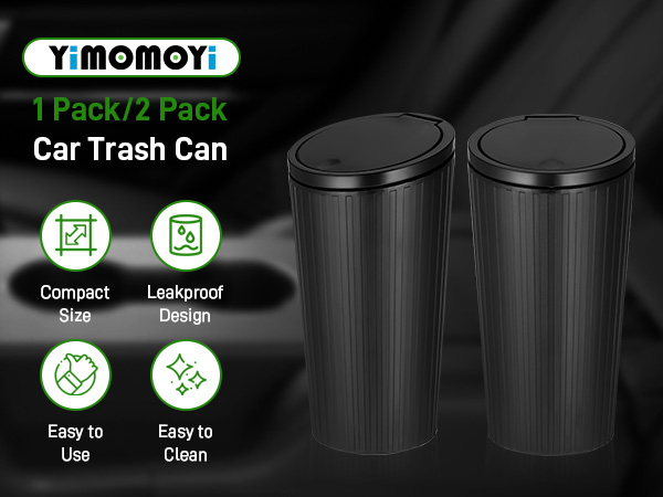YIMOMOY car trash cans, 1 or 2 pack. Black cylindrical design with compact, leakproof features. Easy to use and clean, as shown by icons.