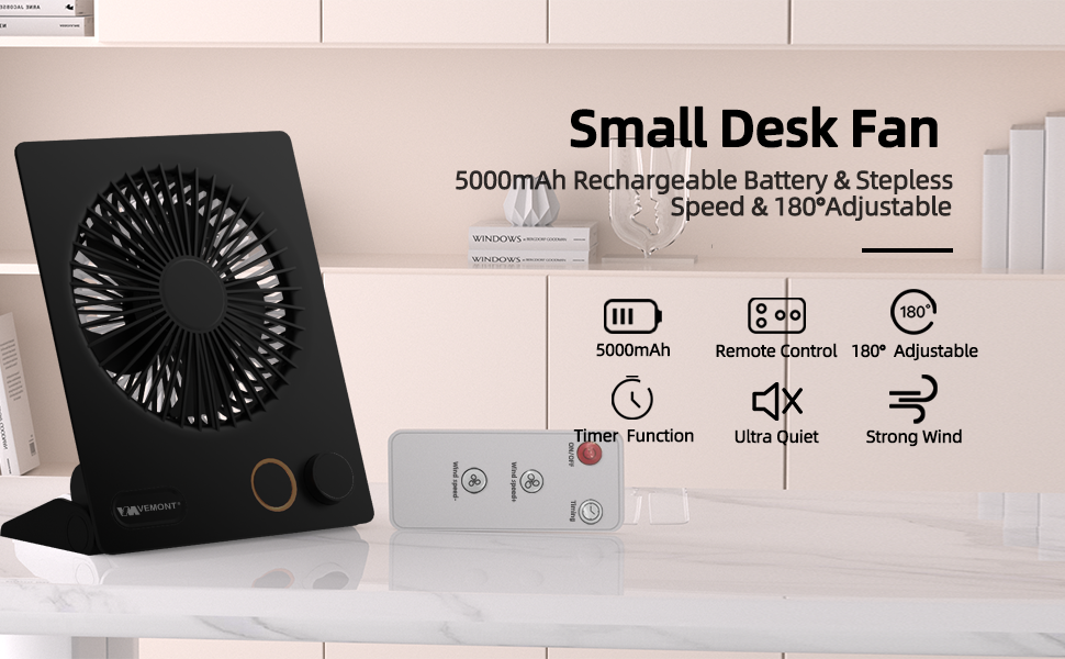 Small black desk fan with 5000mAh rechargeable battery, featuring stepless speed control, 180° adjustment, and remote control functionality.