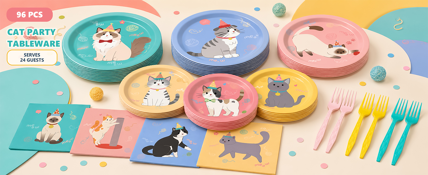 96PCS Cute Cat Party Plates and Napkins for Party Supplies