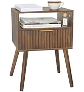 Fultyle Walnut Nightstand, Wooden Bedside Table with Fluted Drawers and Open Shelf, Night Stand W...