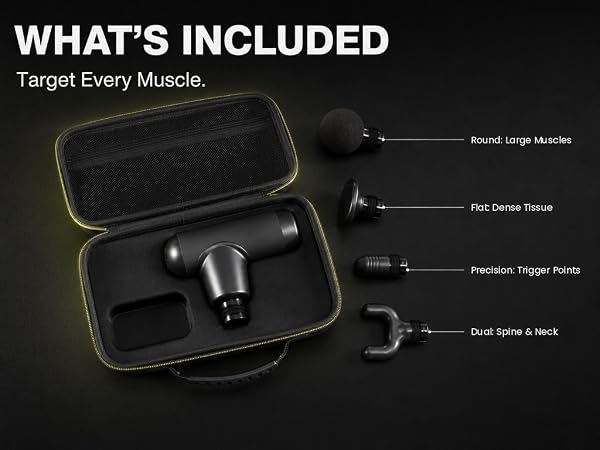 Mini massage gun with stall-resistant motor, ergonomic grip, USB-C charging and 4 heads
