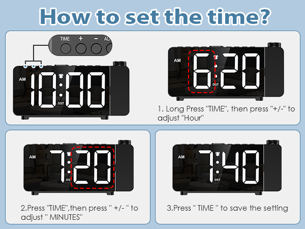 Projection Alarm Clocks for Bedrooms, Large LED Display Digital Clock with 180° Rotatable Projector