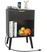 Fultyle Fluted Black Nightstand with Charging Station, Mid Century Modern Bedside Table with Draw...