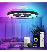 YULINKCO Bladeless Ceiling Fan with RGB Light, 24'' Flush Mount Low Profile Ceiling Fans with Rem...