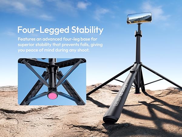 Text reads 'Four-Legged Stability'. Multiple views of professional camera tripod demonstrating stability features on various outdoor terrain.