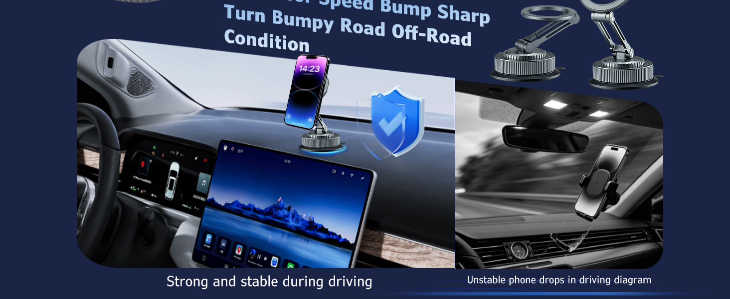 Rock-solid on speed bumps, sharp turns, bumpy roads, and off-road – your phone stays put