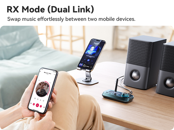 Text reads 'RX Mode (Dual Link)' and 'Swap music effortlessly between two mobile devices.' Series of images showing bluetooth device pairing between smartphones and audio device.