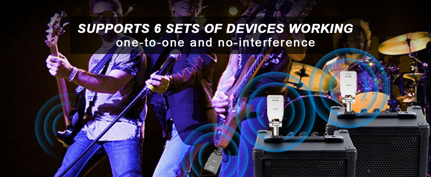 Musicians performing on stage with instruments. Text overlay reads 'SUPPORTS 6 SETS OF DEVICES WORKING one-to-one and no-interference'.