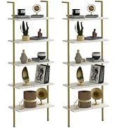 aboxoo Ladder Shelf 2PCS White Marble Bookshelf 5-Tier Wall-Mounted Wood Rack Open Industrial Mod...