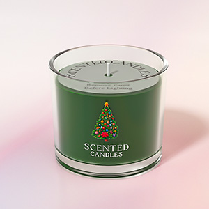 Green glass jar candle with decorative Christmas tree logo and metallic lid, featuring a classic cylindrical design and clear container top.