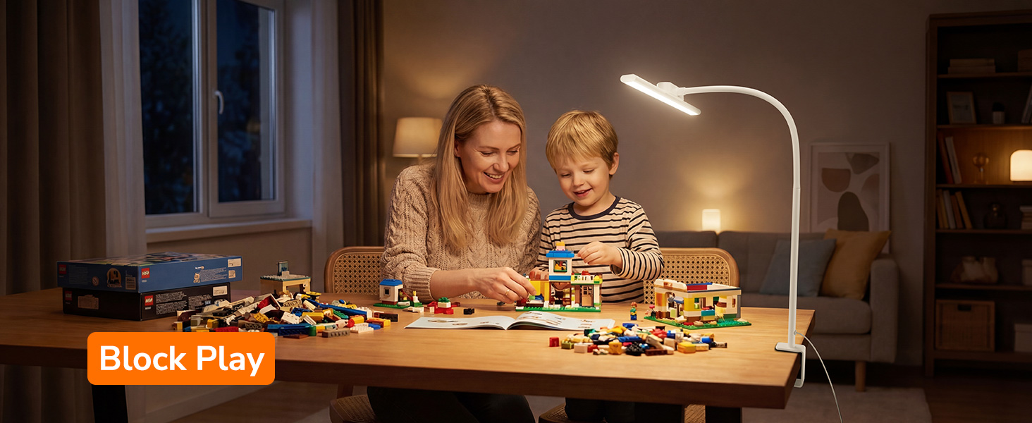 Text reads 'Block Play'. Wooden construction blocks and toys shown arranged on a light-colored surface, featuring various shapes and sizes for creative play.