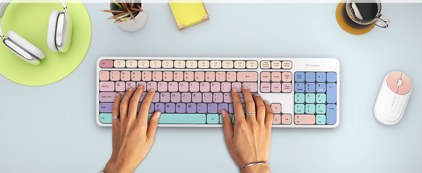 rainbow pastel full-size keyboard and mouse