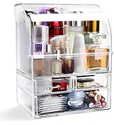 UShioart Clear Large Acrylic Makeup Organizer With Lid Cosmetic Storage Drawers Portable Makeup O...
