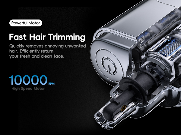 Electric hair trimmer with transparent casing, showing internal motor and blades. Features 10000 RPM high-speed motor for fast, efficient hair removal.