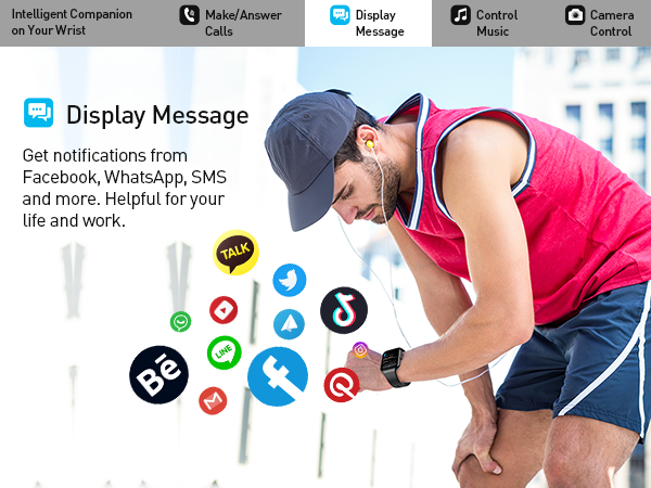 Smartwatch interface demonstration showing social media notifications and messaging capabilities, with icons for various communication apps.