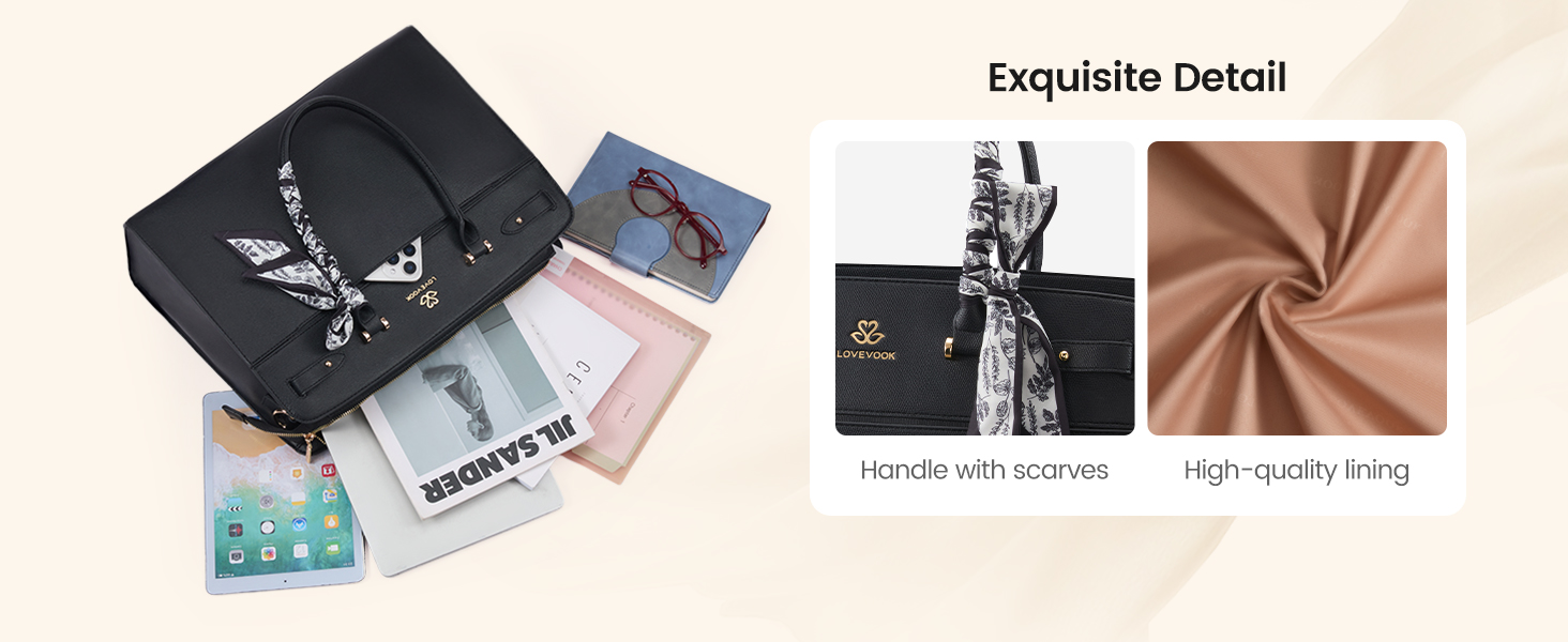 Exquisite detail of professional work tote featuring stylish handle scarf and high-quality lining.
