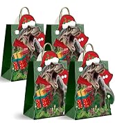 CINSOEN 12 Pcs Funny Dinosaur Christmas Treat Bags with Handle, Paper Gift Bag for Christmas Holi...