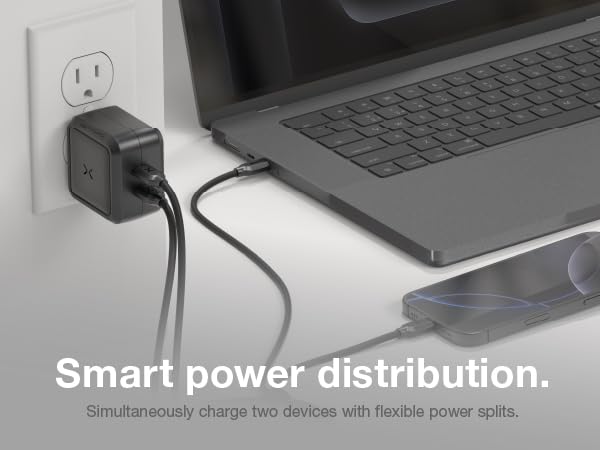 Smart power distribution balances power across both ports for fast charging of all devices