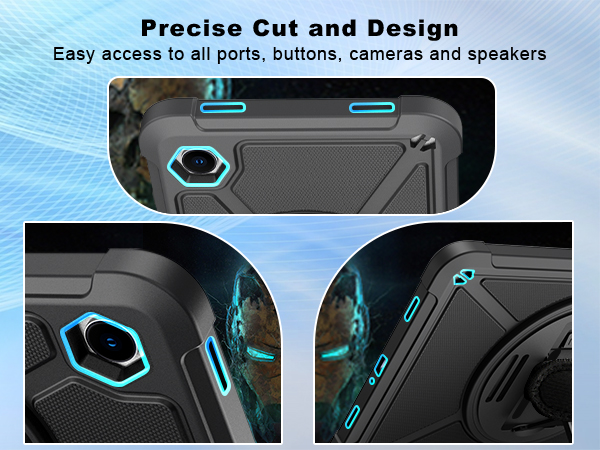 Text reads 'Precise Cut and Design'. Shows protective case with blue LED accent lighting and hexagonal design elements, highlighting port and button access.
