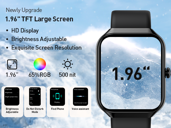 Smartwatch product display highlighting 1.96-inch TFT screen with HD display, adjustable brightness, and 65% RGB color. Shows black watch with square face.