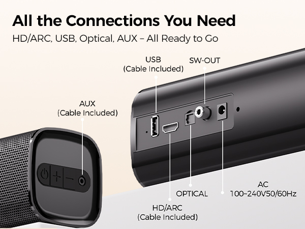 Supports HD/ARC, USB, Optical, AUX connection