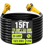 15ft RV Extension Cord 30 AMP (TT-30P/L5-30R) with Twist-Lock Connector and Easy Grip Handle - 10...