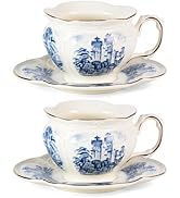 KAMMAK Tea Cups and Saucers Set of 2, Porcelain Coffee Cups, 8-Ounce Stackable Espresso Mugs, Cer...
