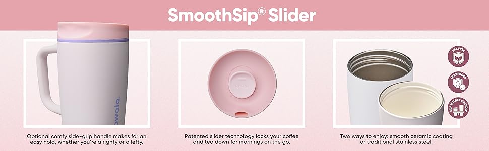 Image of Owala Smoothsip Slider features, handle, lock, ceramic