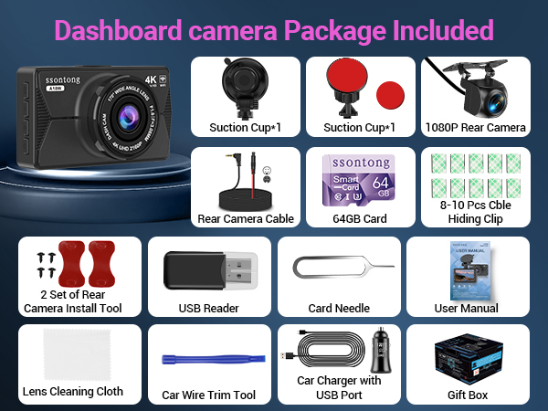 Dashboard camera package contents display showing camera unit, suction cups, card reader, cleaning tools, and various mounting accessories.
