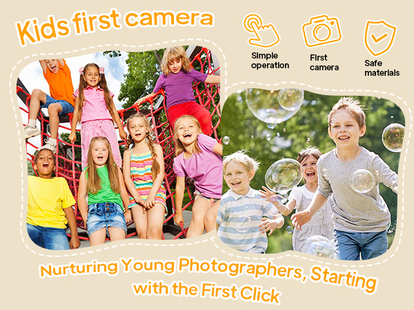 Text reads 'Kids first camera' and 'Nurturing Young Photographers, Starting with the First Click'. Product advertisement showing outdoor scenes with icons for simple operation, camera, and safe materials.