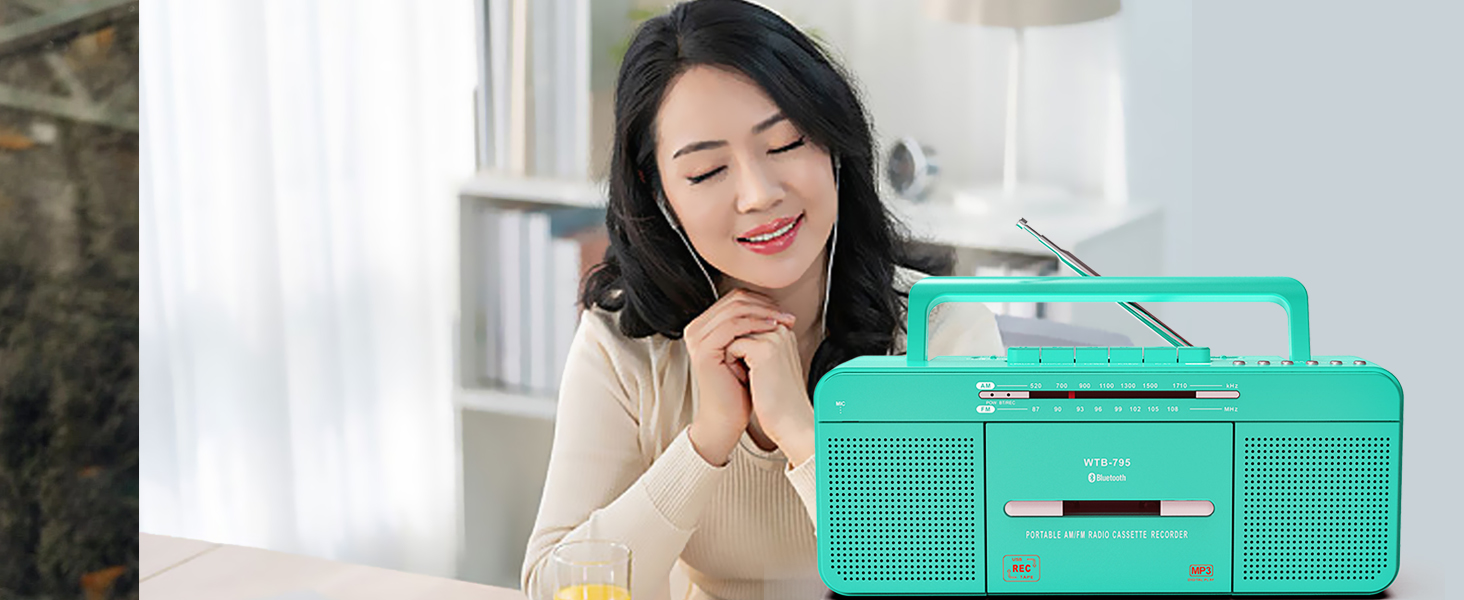 retro green cassette player with headphone jack