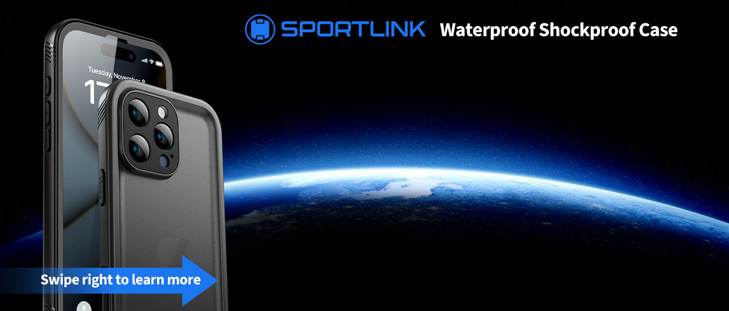 Sportlink waterproof smartphone case advertisement showing black protective case for iPhone 17, displayed against space-themed background with Earth horizon.