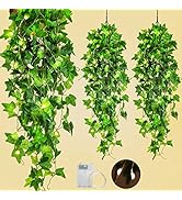 RECUTMS Hanging Fake Plants 4 Pack Artificial Vines Silk Ivy with 30 LED Fairy String Lights Indo...