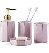 Bathroom Accessory Set, 4 Pcs Gold-Plated Pink Ceramic Bathroom Cabinet with Soap Dispenser Soap ...