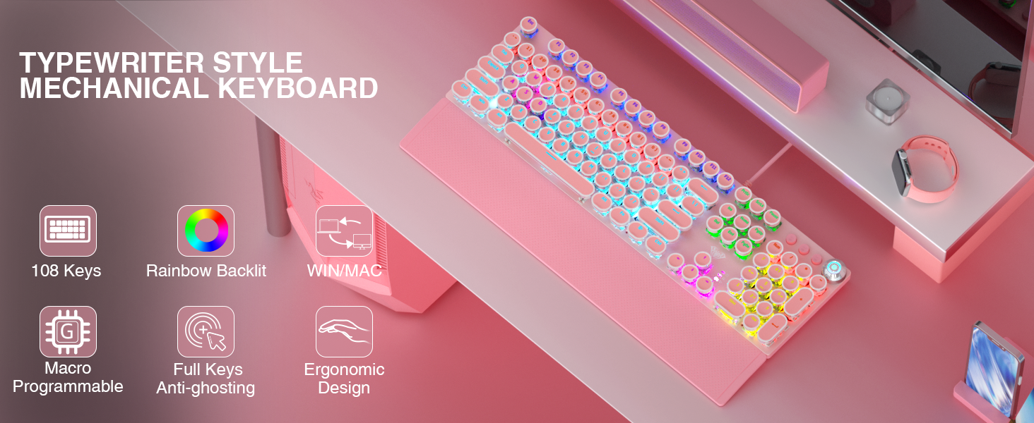 retro keyboard pink cute keyboard mechanical keyboard computer keyboards usb keyboard led keyboard