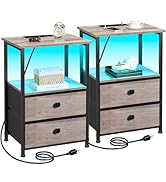 LOAKEKEL Night Stand Set 2, LED Nightstand with Charging Station, End Tables with Storage Shelf f...