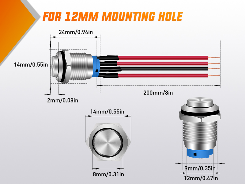 12mm 12V Waterproof ON Off Latching Push Button Metal Switch