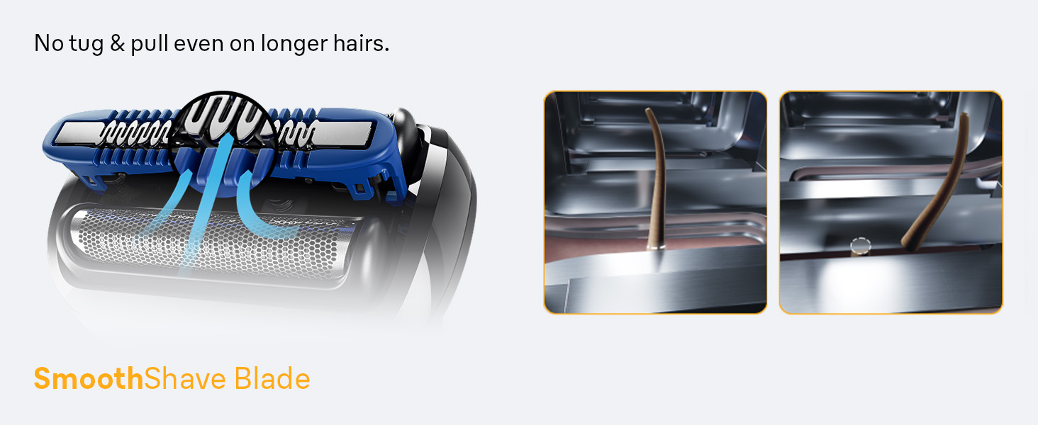 Braun shaver blades cutting short hairs. SkinGentle Foil benefits are shown.