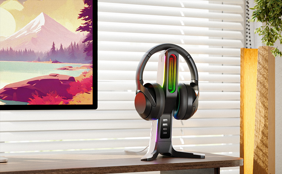 IFYOO RGB Gaming Headset Stand with USB Hub, Game Headphone Mount for PC Computer, Xbox One, PS5