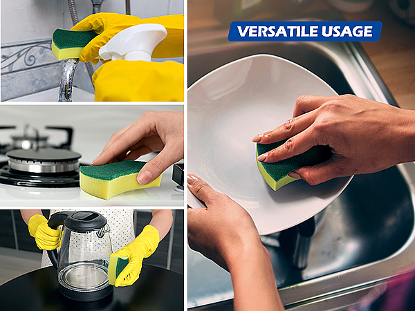 Collage of four images showing a yellow and green sponge cleaning various surfaces: sink, stovetop, glass, and plate. Text reads 'VERSATILE USAGE'.