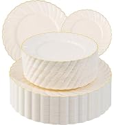 U-QE 100 Piece Ivory Scalloped Plastic Plates for Party with Gold Rim - Plastic Party Plates Disp...