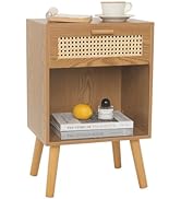 Mid Century Modern Nightstand, Rattan Bedside Table with Drawer and Open Shelf, Wood Nightstand M...